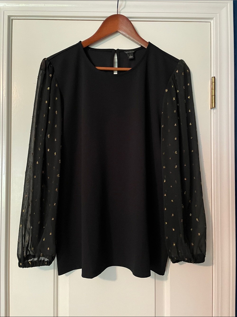 Ann Taylor Black Blouse with Gold Dot Sheer Sleeves